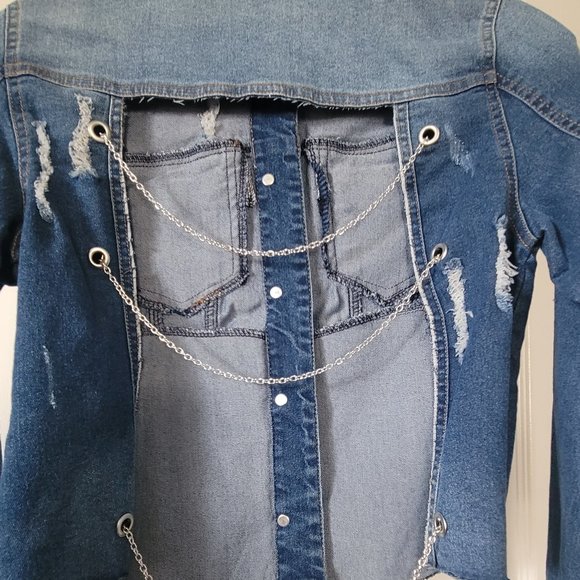 Distressed Jean Jacket Open Back with Chains - Picture 3 of 3